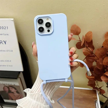 Crossbody Strap Lanyard Silicone Phone Case For iPhone 16 15 14 13 12 Mini 11 Pro Max Plus Candy Color Soft TPU Back Cover