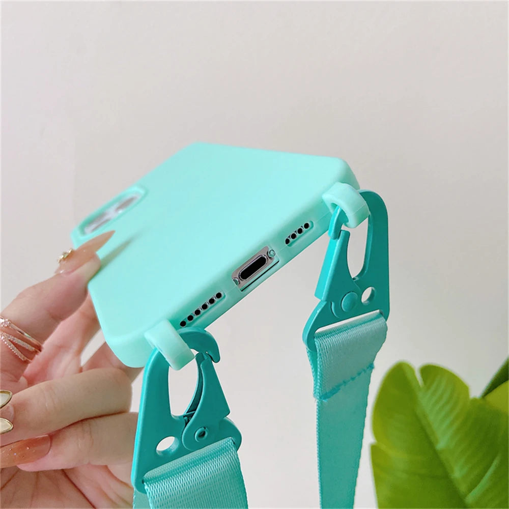 Crossbody Lanyard Cord Soft Silicone Phone Case For iPhone 16 17 15 11 12 14 Pro Max 13 XR X 7 8 Plus Matte Necklace Strap Cover