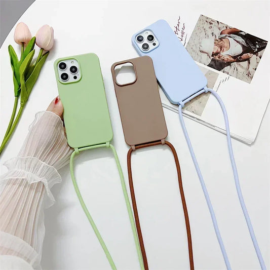 Crossbody Strap Lanyard Silicone Phone Case For iPhone 16 15 14 13 12 Mini 11 Pro Max Plus Candy Color Soft TPU Back Cover