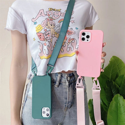 Crossbody Lanyard Cord Soft Silicone Phone Case For iPhone 16 17 15 11 12 14 Pro Max 13 XR X 7 8 Plus Matte Necklace Strap Cover