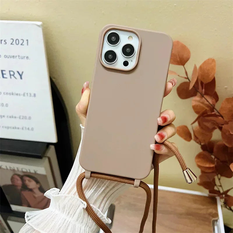 Crossbody Strap Lanyard Silicone Phone Case For iPhone 16 15 14 13 12 Mini 11 Pro Max Plus Candy Color Soft TPU Back Cover