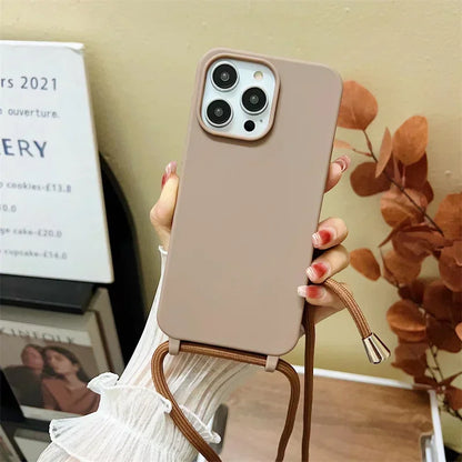 Crossbody Strap Lanyard Silicone Phone Case For iPhone 16 15 14 13 12 Mini 11 Pro Max Plus Candy Color Soft TPU Back Cover