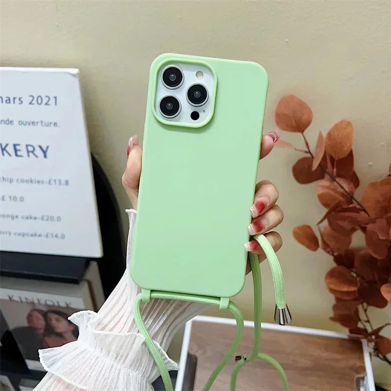 Crossbody Strap Lanyard Silicone Phone Case For iPhone 16 15 14 13 12 Mini 11 Pro Max Plus Candy Color Soft TPU Back Cover